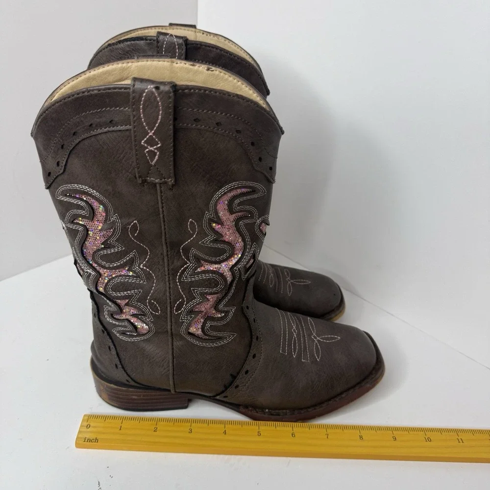 Kids Roper Brown Western Cowgirl Boots Pink Glitter Inlay Overlay Stitching